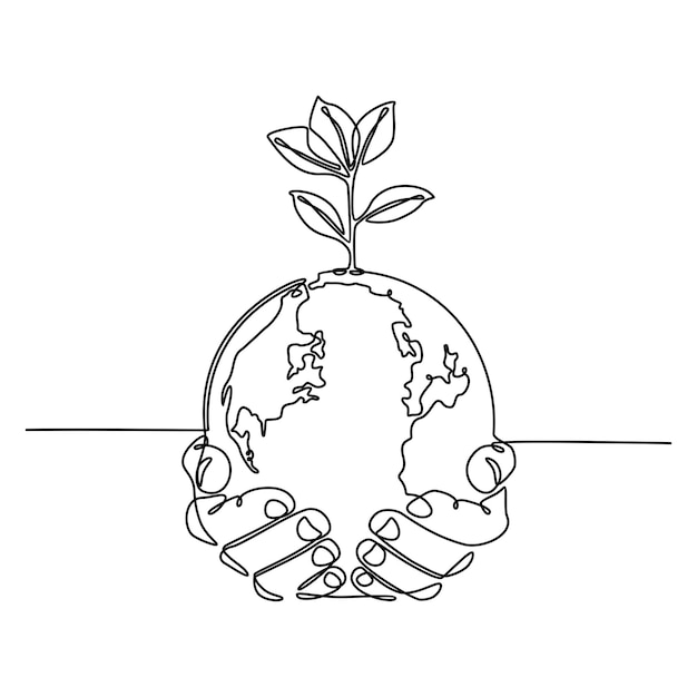 Dibujo de línea continua de manos sosteniendo globo con plantas ilustración vectorial