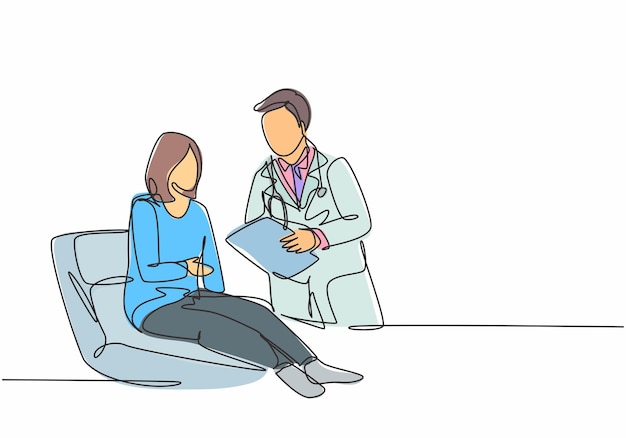 Un dibujo de línea continua de un médico hablando de un informe médico con una paciente acostada en la cama
