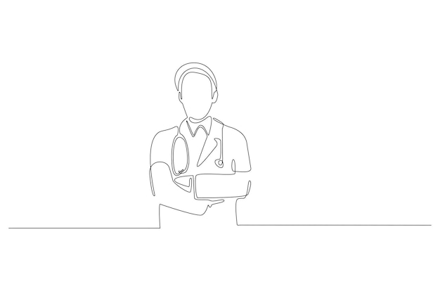Dibujo de línea continua de un médico masculino en la ilustración de vector de traje de trabajo Vector Premium