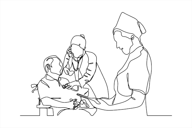 Dibujo de línea continua del médico que examina al paciente