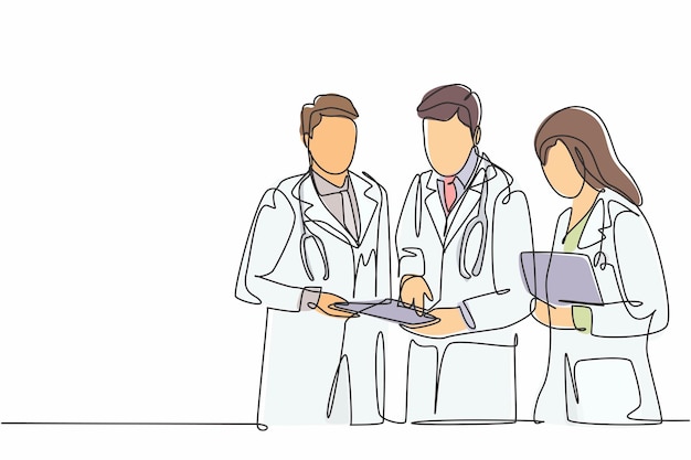 Un dibujo de línea continua de un médico senior dando tutoría Vector de diseño de atención médica hospitalaria