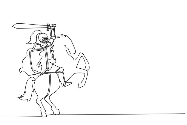 Un dibujo de línea continua medieval de un caballero armado montando un caballo El antiguo ejército histórico