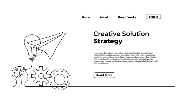 Dibujo de línea continua mente y bombilla de avión de papel Vector de página de inicio de estrategia de solución creativa