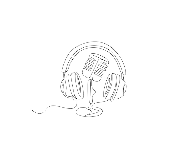 Vector dibujo de línea continua de micrófono vintage y micrófone de auriculares arte de línea simple con activo