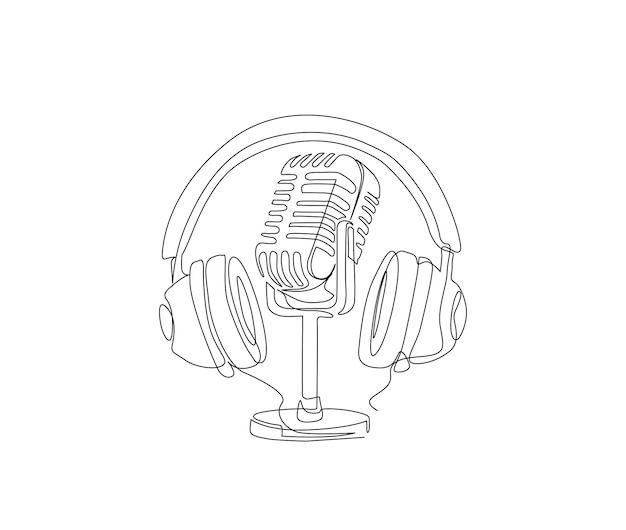 Vector dibujo de línea continua de micrófono vintage y micrófone de auriculares arte de línea simple con activo