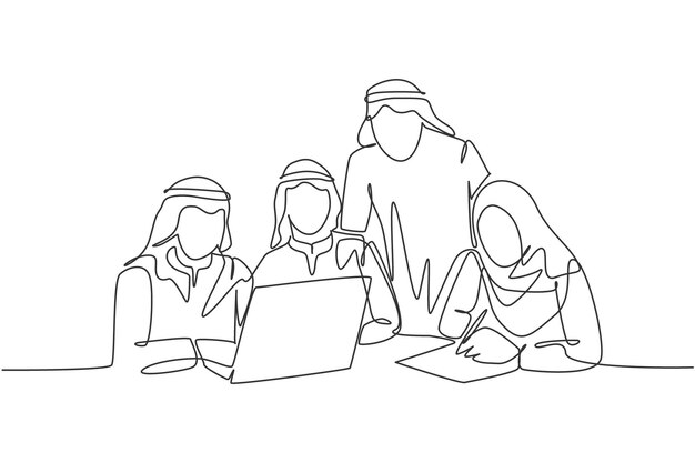 Un dibujo de línea continua de miembros del equipo de startups musulmanes discutiendo seriamente la estrategia de marketing