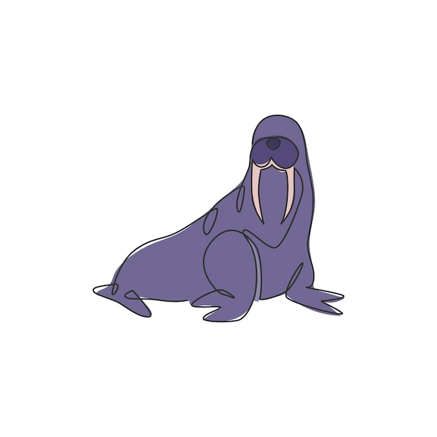 Un dibujo de línea continua de la morsa gigante para un logotipo marino Odobenus rosmarus icona vectorial de la mascota