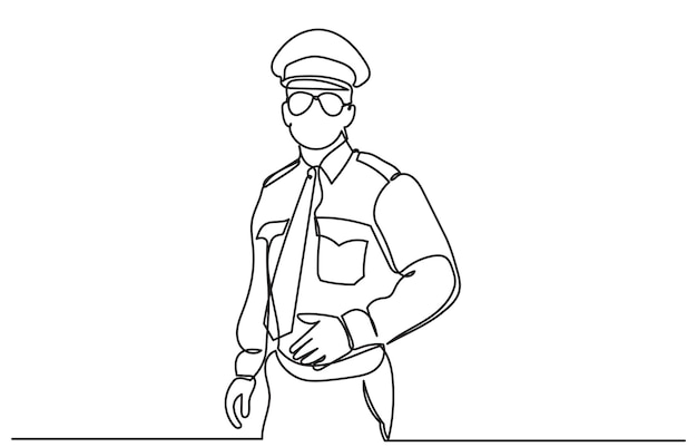 El dibujo de línea continua muestra a un policía con uniforme Oficial de policía de línea única de tráfico