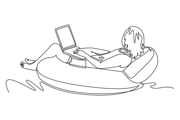 Vector un dibujo de línea continua de una mujer acostada en un barco inflable mientras trabaja con una computadora portátil concepto de trabajo feliz ilustración vectorial de diseño de una línea de moda