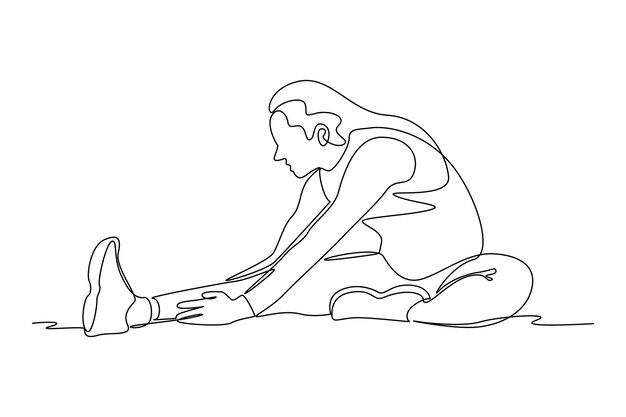 Dibujo de línea continua de una mujer calentándose en el gimnasio Concepto de estiramiento de fitness Ilustración vectorial de diseño de una línea de moda
