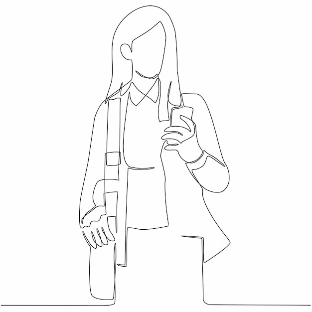 Dibujo de línea continua de una mujer caminando mientras habla por teléfono