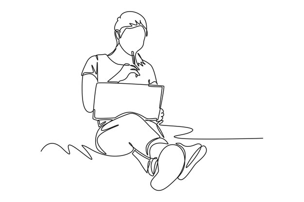 Un dibujo de línea continua de una mujer con camiseta trabajando desde casa Concepto de trabajo feliz Ilustración vectorial de diseño de una línea de moda