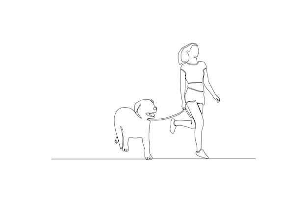 Dibujo de línea continua de una mujer corriendo con su ilustración de vector de mascota de perro Vector Premium