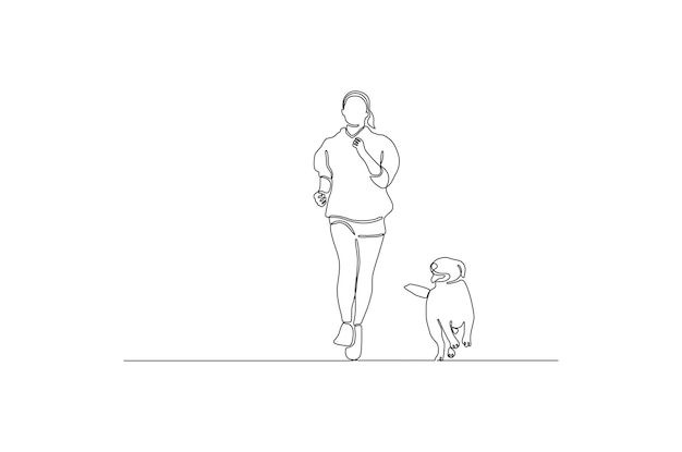 Dibujo de línea continua de una mujer corriendo con su ilustración de vector de mascota de perro Vector Premium