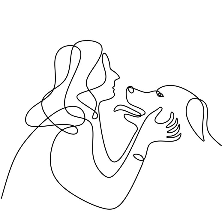 Dibujo de línea continua de mujer feliz amante de las mascotas con perro La mujer joven disfruta jugando con su lindo dibujo lineal de perro aislado sobre fondo blanco Amistad sobre el concepto de animal humano y mascota