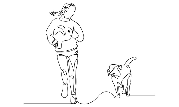 dibujo de línea continua de una mujer joven corriendo con un perro