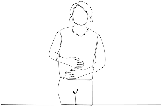 dibujo de línea continua de una mujer joven que sufre de dolor de estómago vector premium