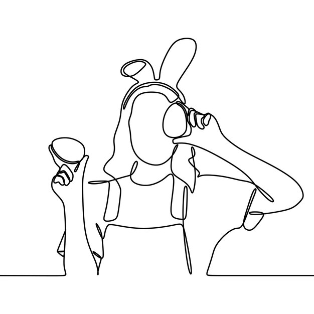 dibujo de línea continua de una mujer joven con ropa de conejito que cubre los ojos con huevos coloridos