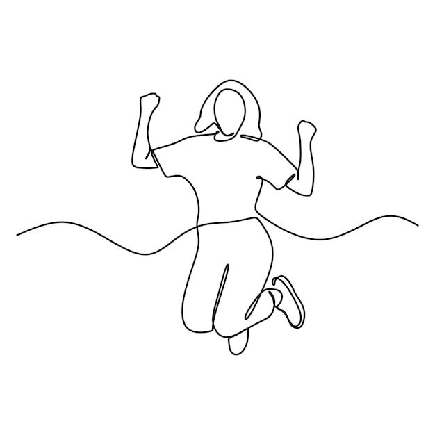 dibujo de línea continua de mujer joven salta alto haciendo un movimiento ganador