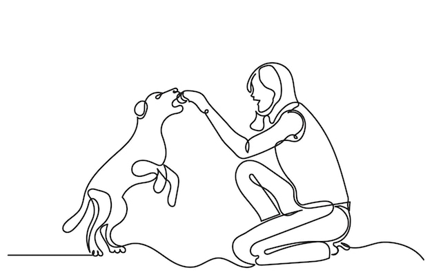 Dibujo en línea continua de una mujer joven con su linda mascota La niña está jugando con el perro