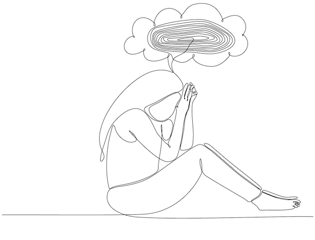 Dibujo de línea continua de mujer joven triste que sufre de depresión vector premium