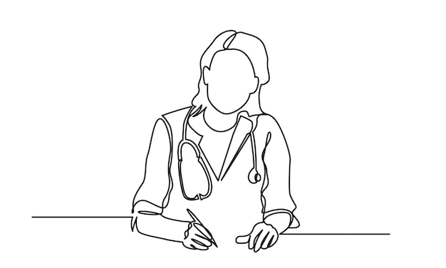 Dibujo de línea continua de una mujer médica escribiendo un documento de papel del paciente