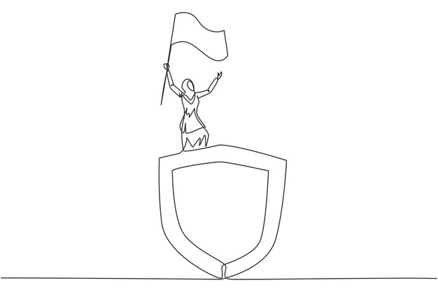 Un dibujo de línea continua de una mujer de negocios árabe de pie en una bombilla gigante levantando la bandera