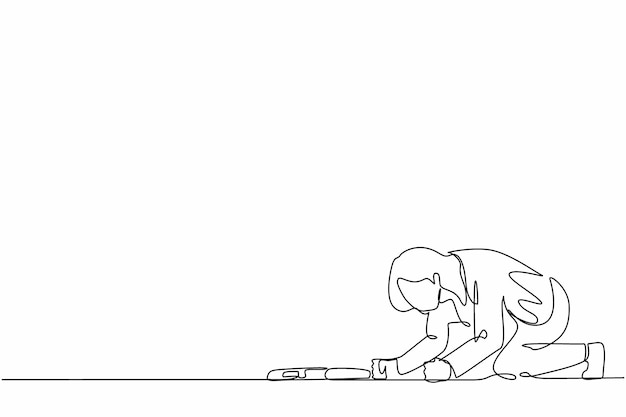 Un dibujo de línea continua de una mujer de negocios deprimida con un maletín en la ilustración de la desesperación