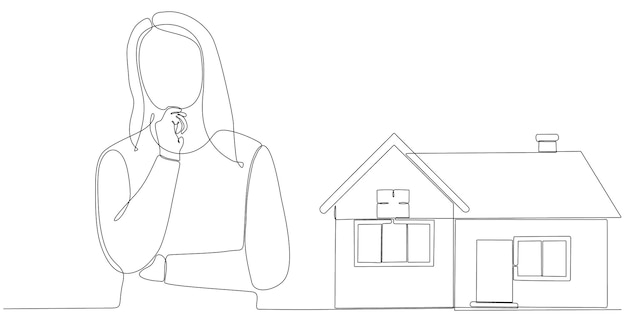 dibujo de línea continua mujer pensando en comprar una casa