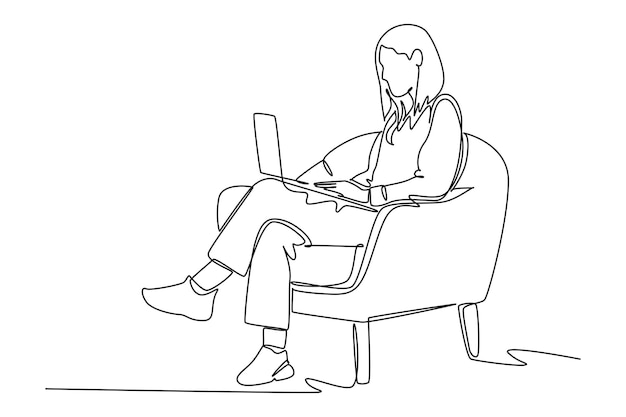 Un dibujo de línea continua de una mujer sentada en el sofá mientras trabaja Concepto de trabajo feliz Ilustración vectorial de diseño de una línea de moda