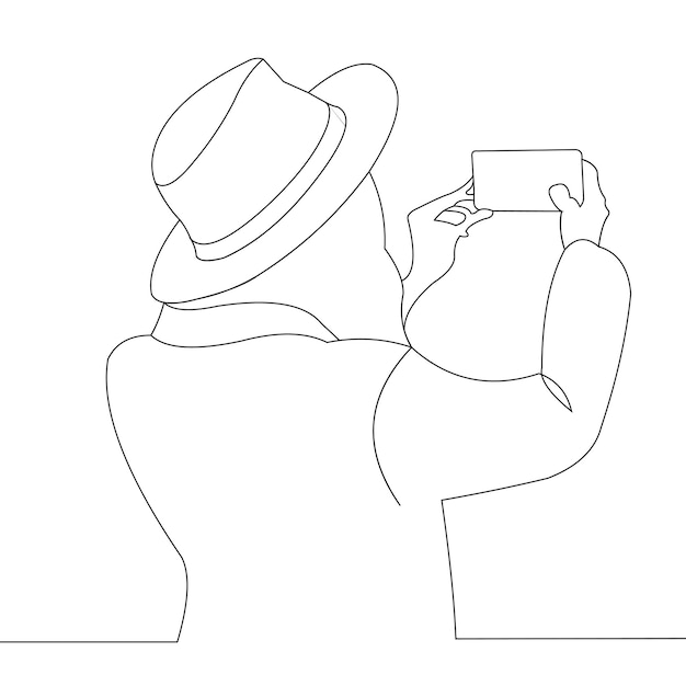 Dibujo de línea continua de mujer tomando foto