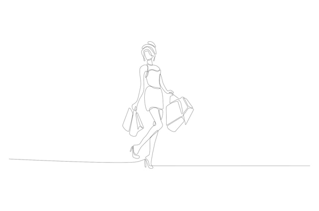 Dibujo de línea continua de mujeres en la ilustración de vector de estilo de compras Vector Premium