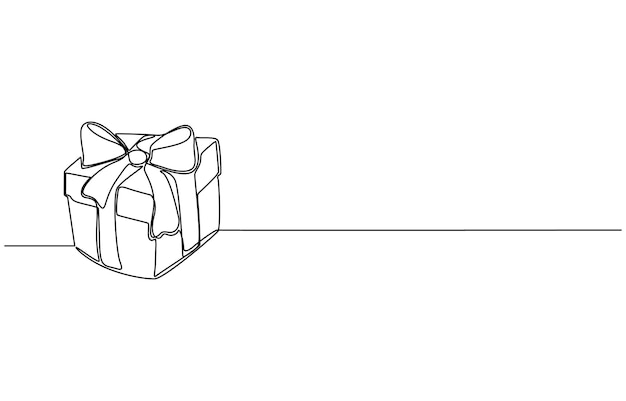 Un dibujo de línea continua de Navidad Caja de regalos con cinta y lazo Regalo festivo y envuelto