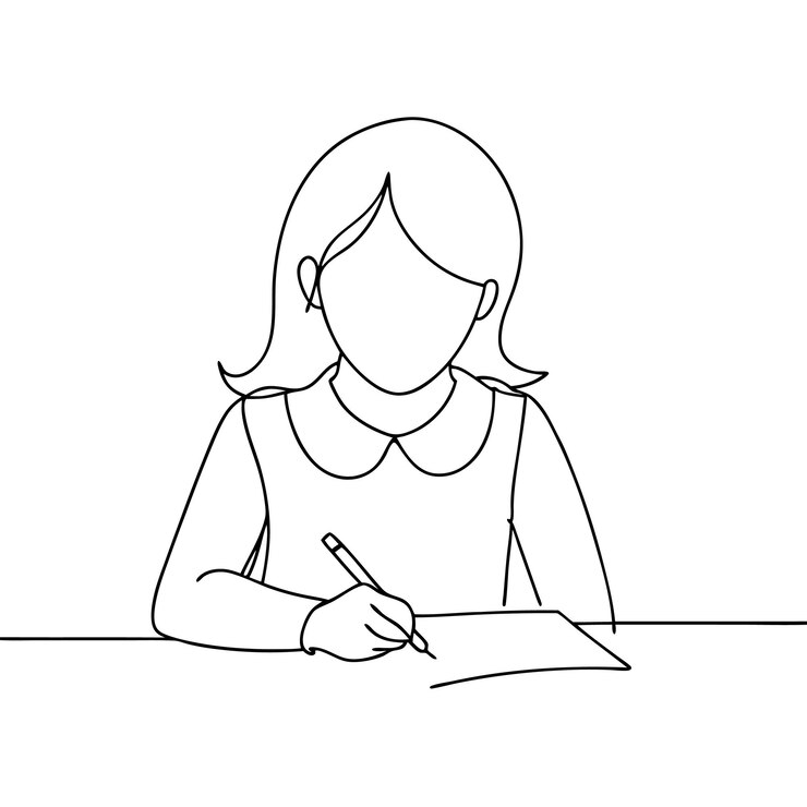 Vector dibujo de línea continua de una niña escribiendo y estudiando con ilustración vectorial de papel y pluma
