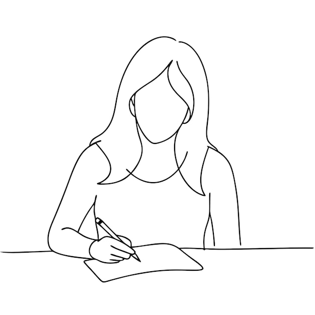 Dibujo de línea continua de una niña escribiendo y estudiando con ilustración vectorial de papel y pluma