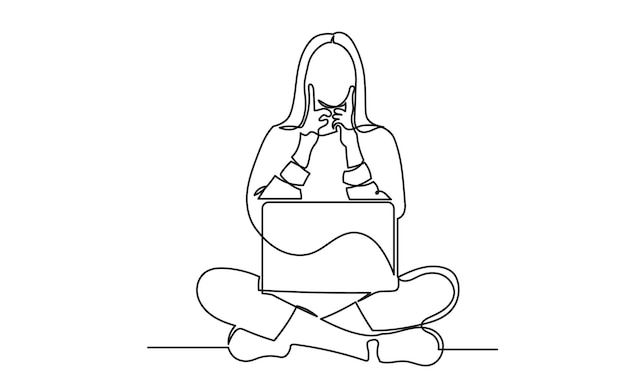 dibujo de línea continua de una niña sentada en el suelo usando una computadora portátil
