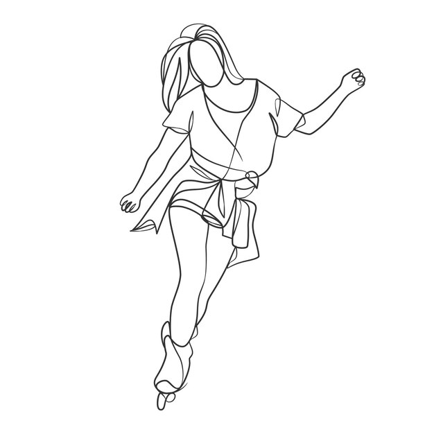 Dibujo de línea continua de niña sobre ruedas Dibujo de línea continua de mujer sobre patines