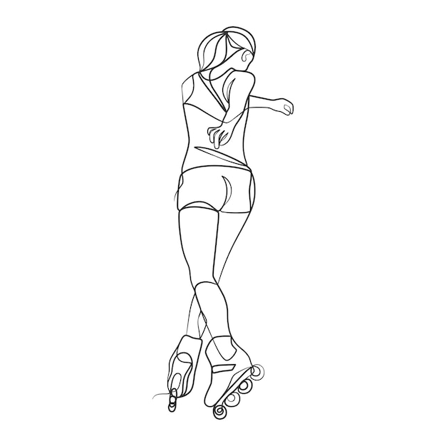 Vector dibujo de línea continua de niña sobre ruedas dibujo de línea continua de mujer sobre patines