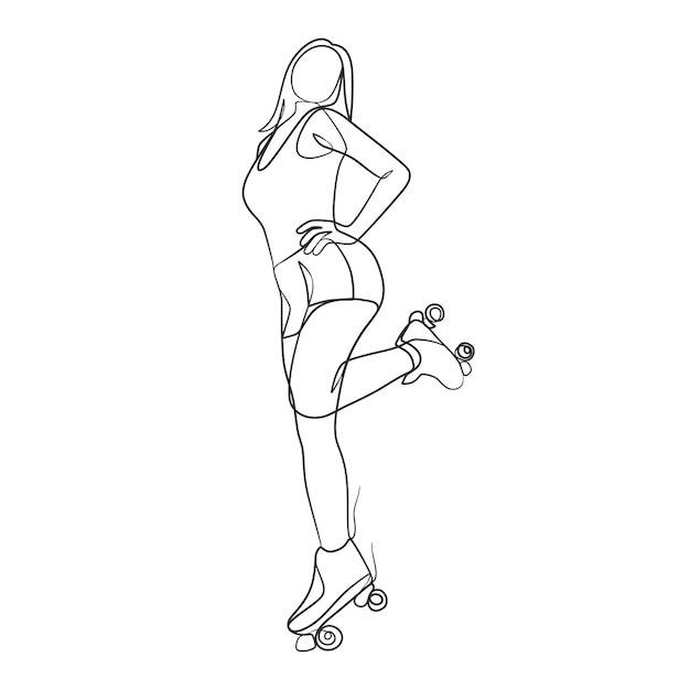 Dibujo de línea continua de niña sobre ruedas Dibujo de línea continua de mujer sobre patines