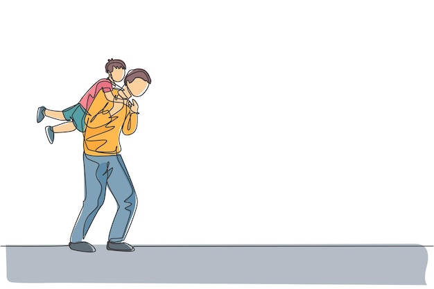 Un dibujo de línea continua de un niño alegre colgando en el hombro de su padre.