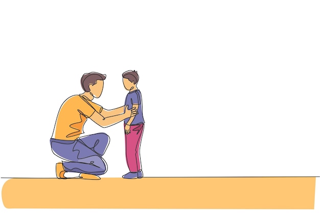 Un dibujo de línea continua de un padre dando algunos sabios consejos a su hijo en la vida familiar del hogar