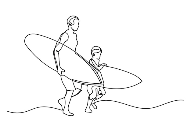 Dibujo de línea continua de padre e hijo con tablas de surf en la playa línea única padre e hijo
