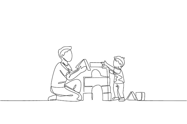 Un dibujo de línea continua de un padre joven jugando con su hijo construyendo una casa con un juguete de bloques de rompecabezas de espuma