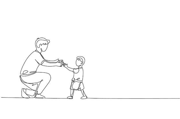 Un dibujo de línea continua de un padre joven listo para abrazar a su hija Ilustración de vector de familia feliz