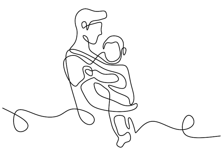 Un dibujo de línea continua de un padre joven que lleva a su hijo Concepto del día del padre feliz aislado sobre fondo blanco Familia feliz crianza de una sola línea arte dibujado a mano doodle ilustración mínima