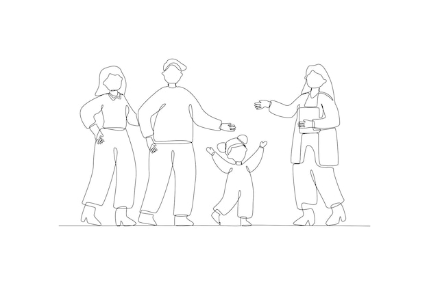 Un dibujo de línea continua de los padres de los niños y el médico Crianza en el concepto de atención médica Ilustración vectorial Doodle en estilo lineal simple