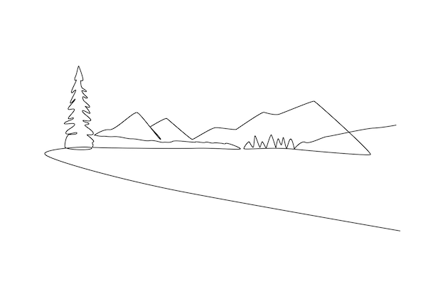 Un dibujo de línea continua de paisaje con árboles de hierba verde horizonte del cielo y montañas