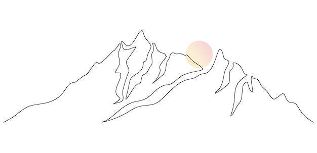 Un dibujo de línea continua del paisaje de la puesta de sol y la cordillera. montes altos pico y sol en estilo lineal simple. concepto de esquí y senderismo de deportes de invierno de aventura. ilustración de vector de garabato.