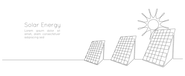 Un dibujo de línea continua de Panel solar con sol Energía limpia verde en estilo lineal simple Banner web de recursos renovables y sostenibles Trazo editable Ilustración de vector de contorno