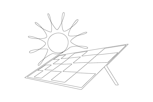 Un dibujo de línea continua de panel solar con sol energía limpia verde y recursos renovables en estilo lineal simple estación de energía y guardar icono de ecología trazo editable doodle vector ilustración